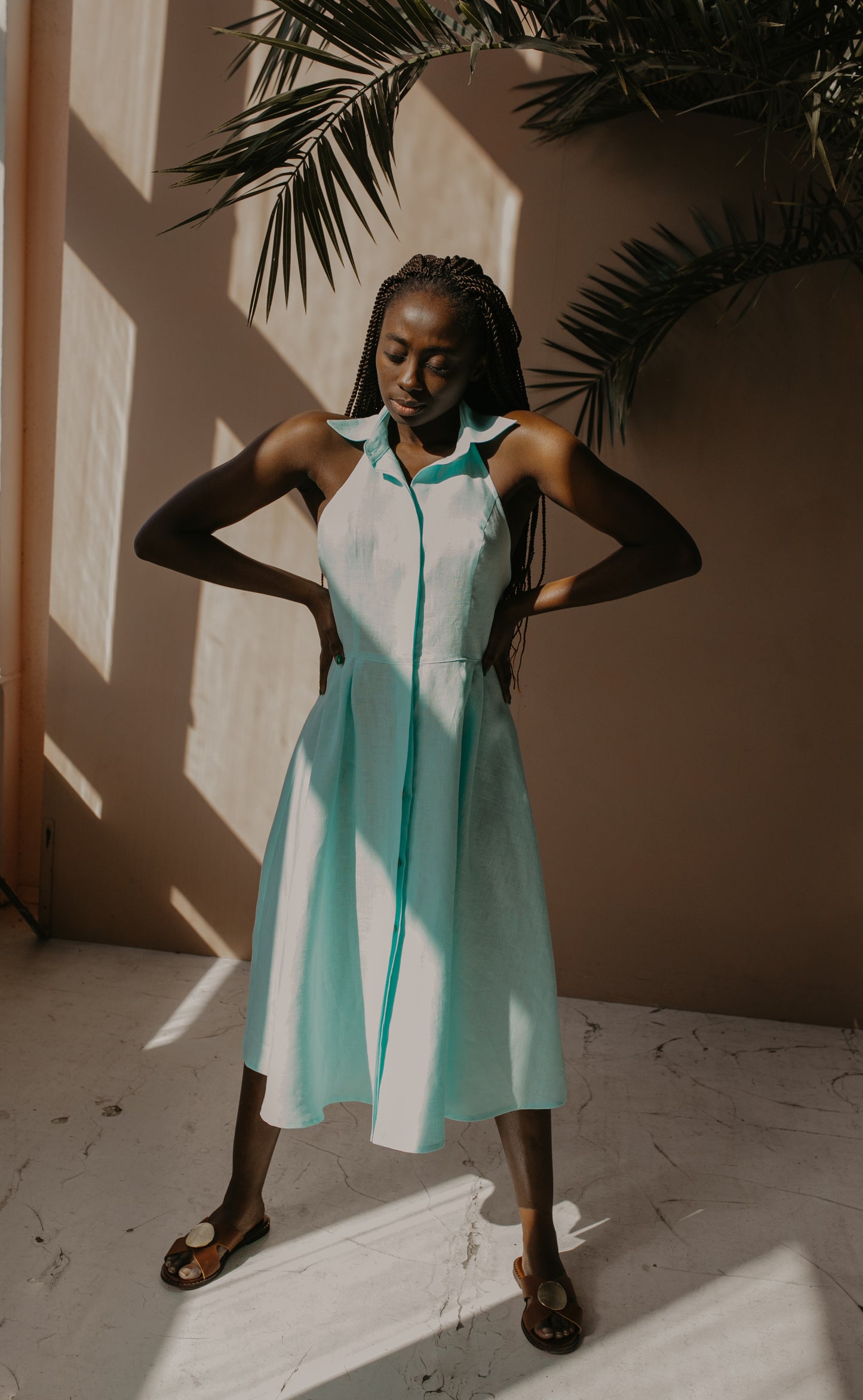 Mykonos Linen Halter Dress - Mint