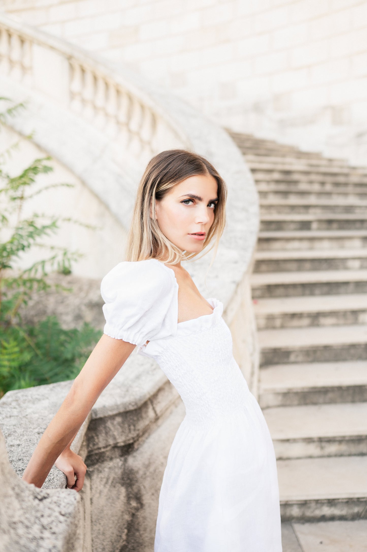 Smocked Linen Dress With Sleeves - White