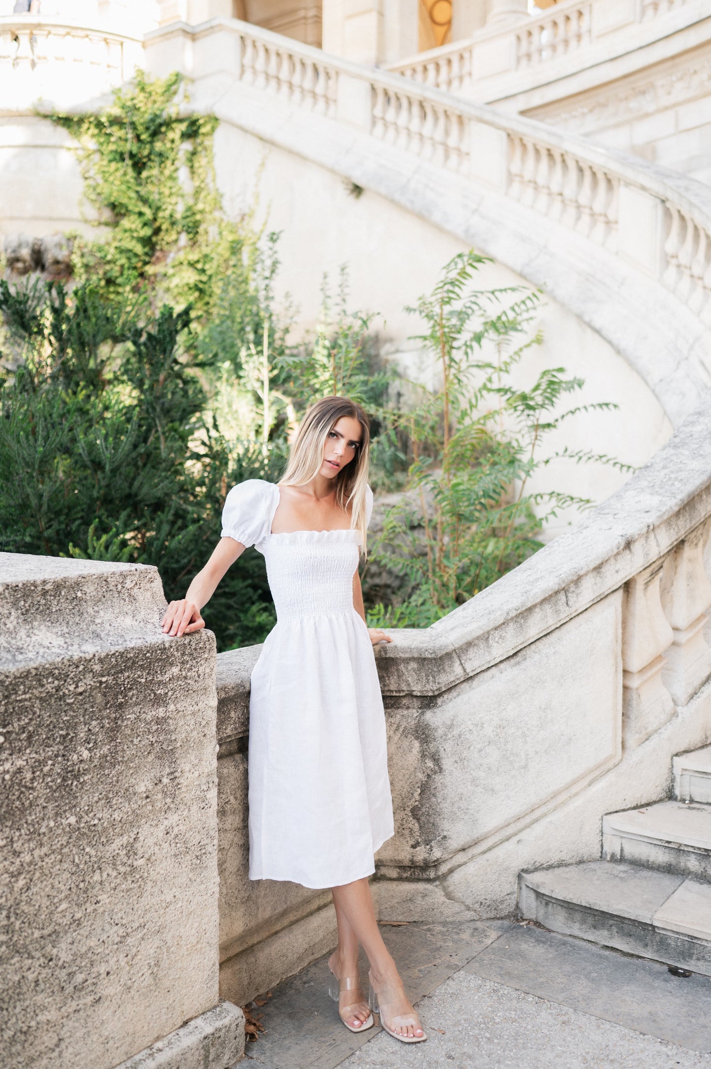 Smocked Linen Dress With Sleeves - White