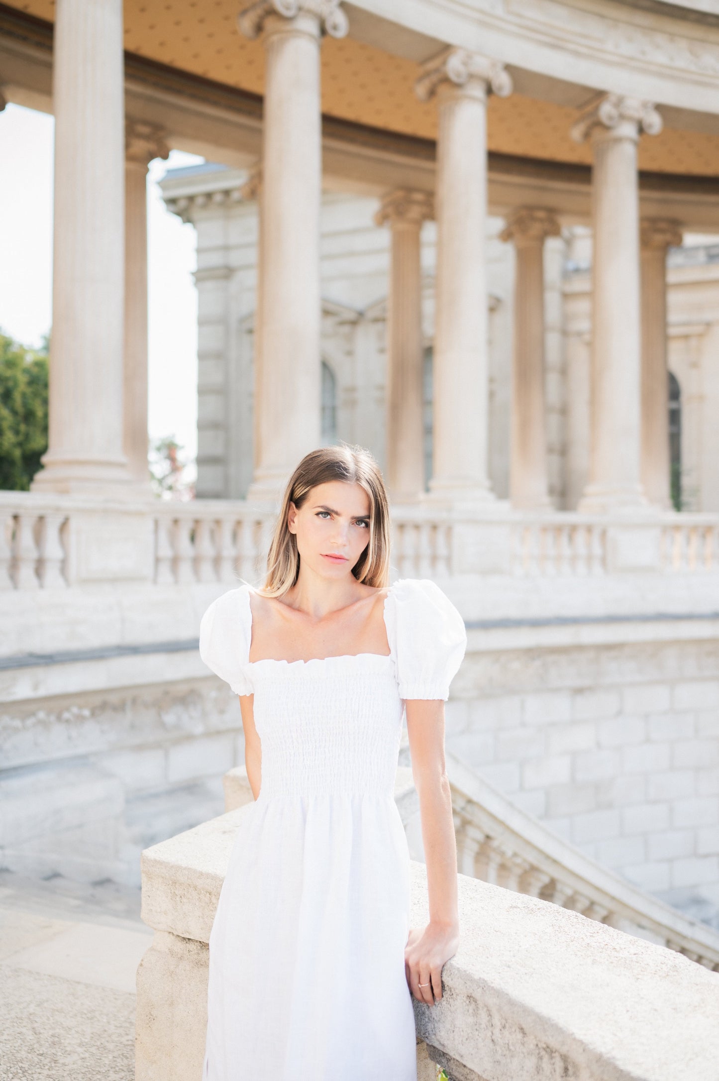 Smocked Linen Dress With Sleeves - White