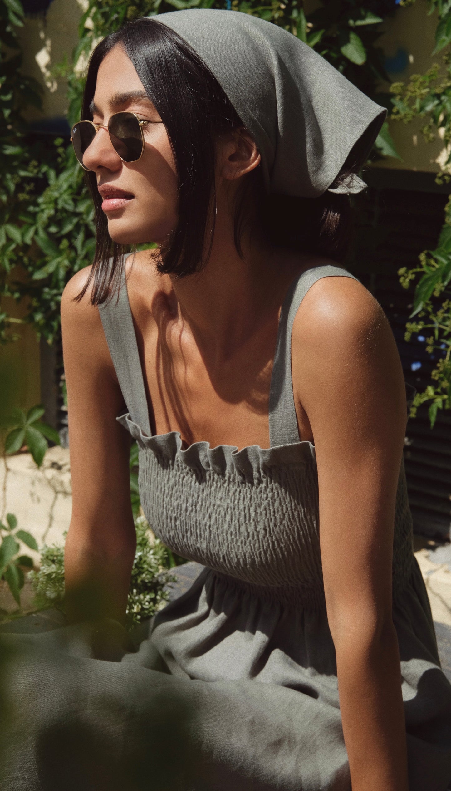 Barcelona Smocked Linen Dress - Olive Green
