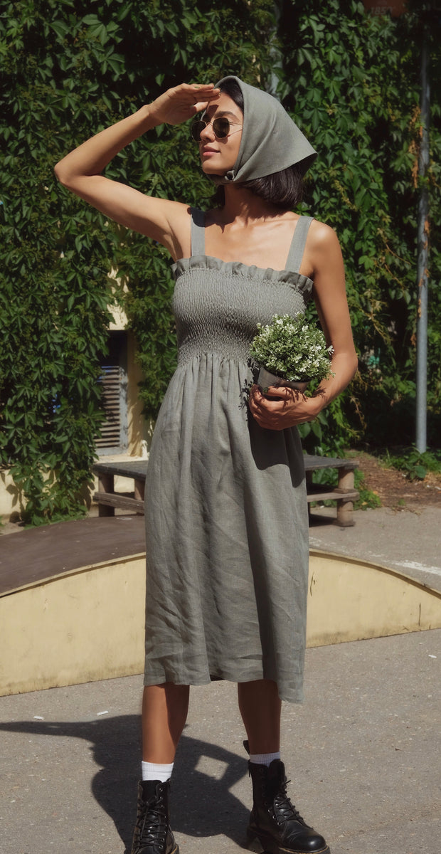 Linen Dress Maxi LOUISE in Olive 