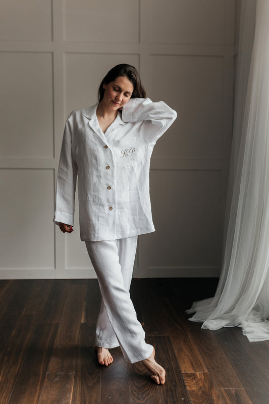 Long Linen Pajamas White With Embroidery