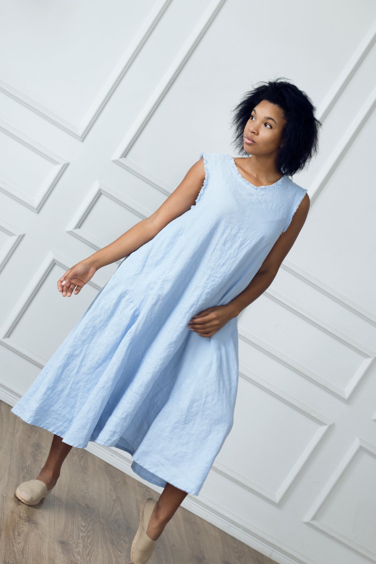 Ibiza Fringed Linen Maxi Dress - Sky Blue