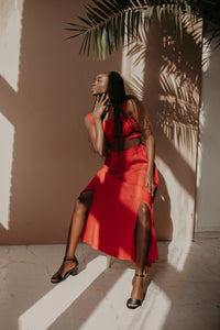 Portofino Red Linen Skirt With Slits