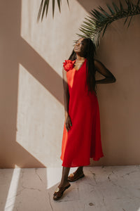 Valetta Red V-Neck Linen Midi Dress