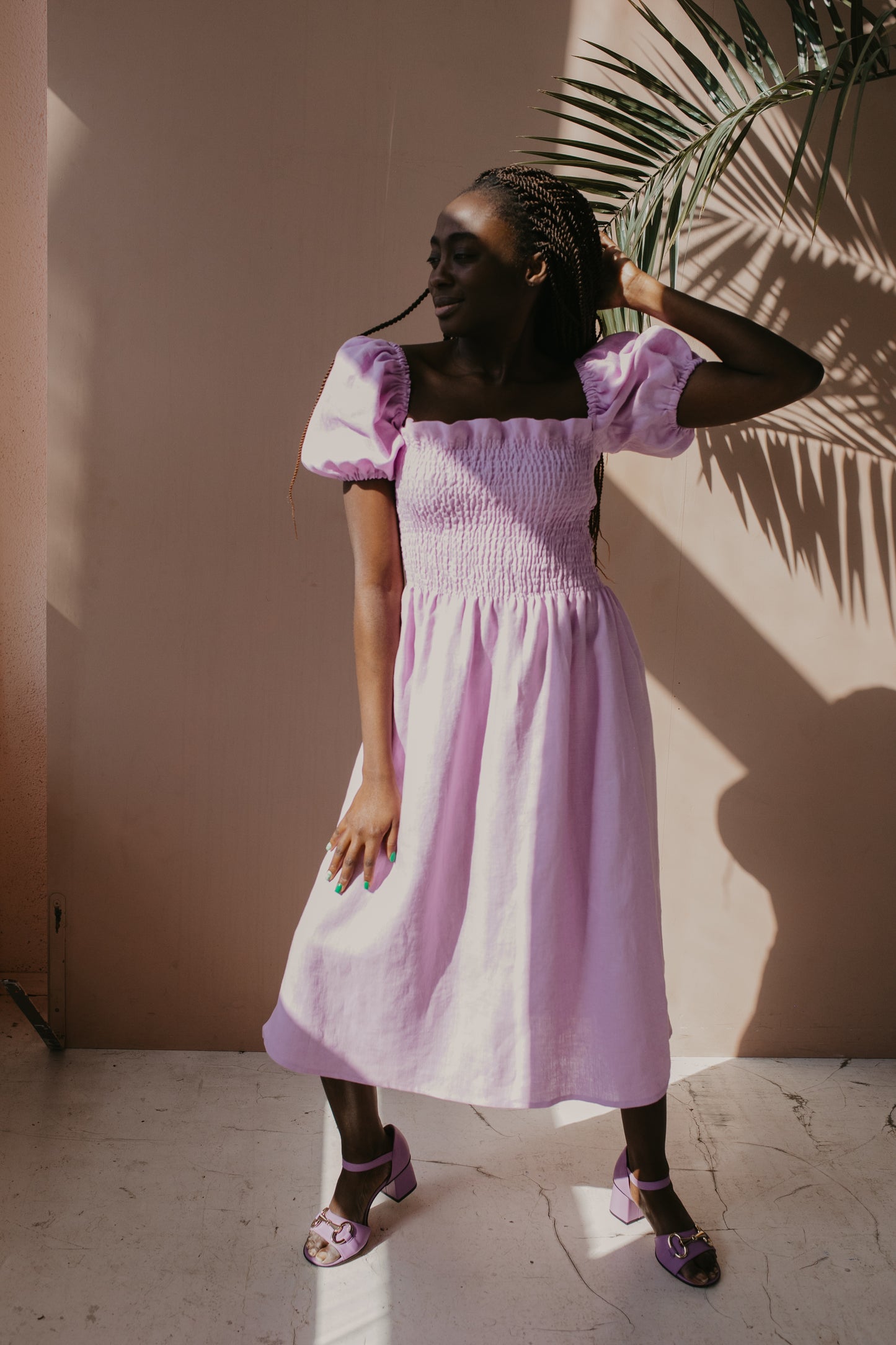 Barcelona Smocked Linen Dress With Sleeves - Lilac