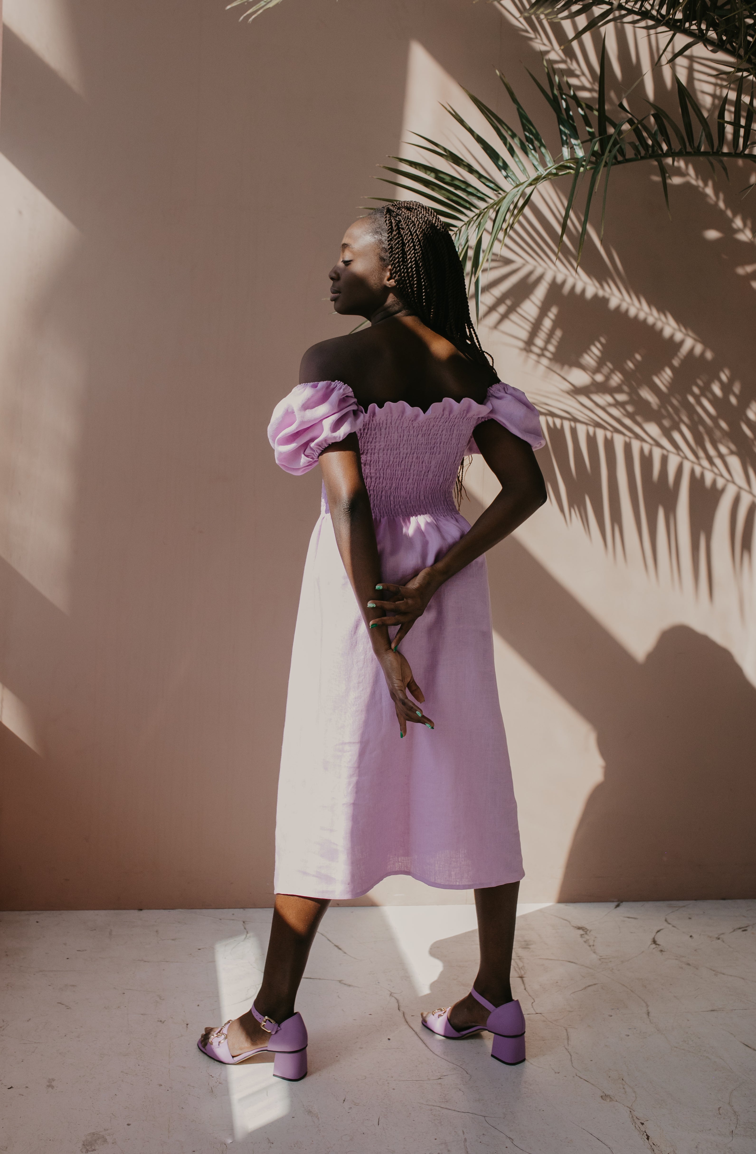 Barcelona Smocked Linen Dress With Sleeves Lilac Isona Linen