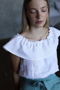Cremona Sea Blue Ruffled Linen Top
