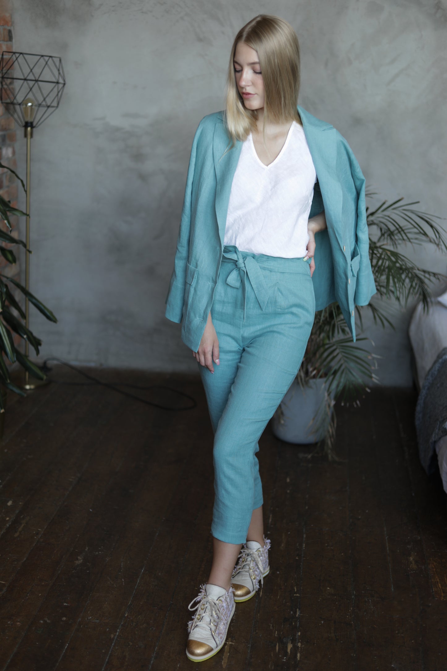 Porto Linen High Waist Pants - Sea Blue