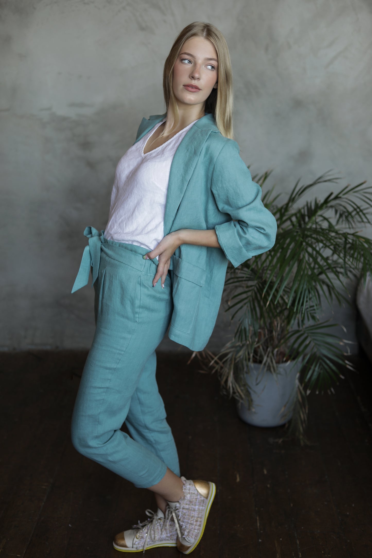 Porto Linen High Waist Pants - Sea Blue