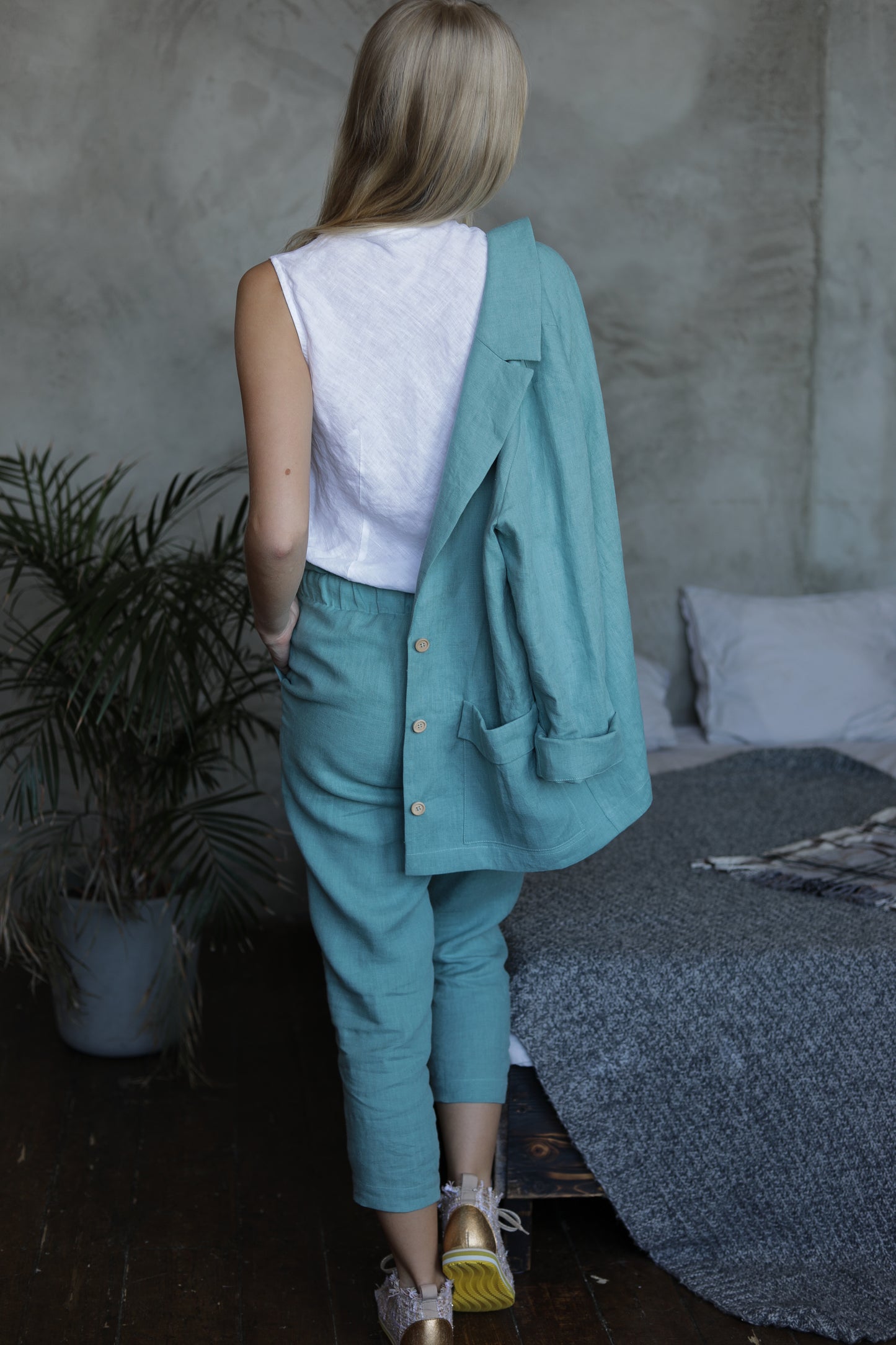 Porto Linen High Waist Pants - Sea Blue