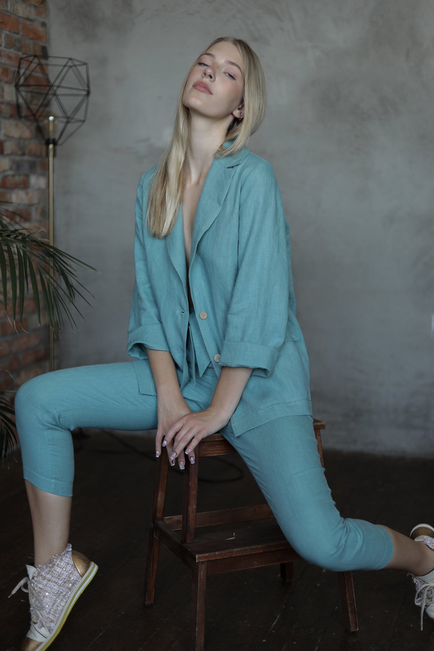 Porto Linen High Waist Pants - Sea Blue