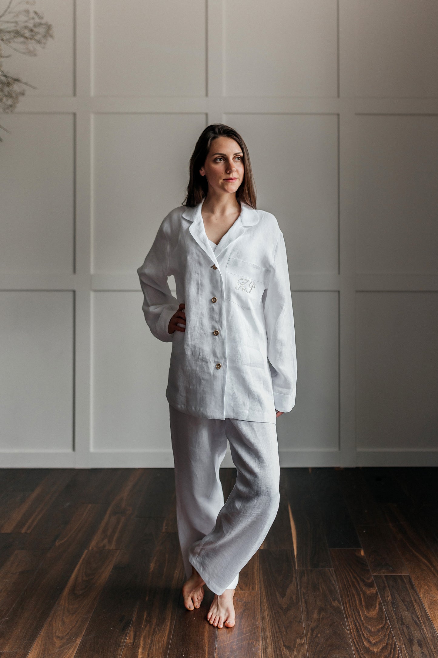 Long Linen Pajamas White With Embroidery