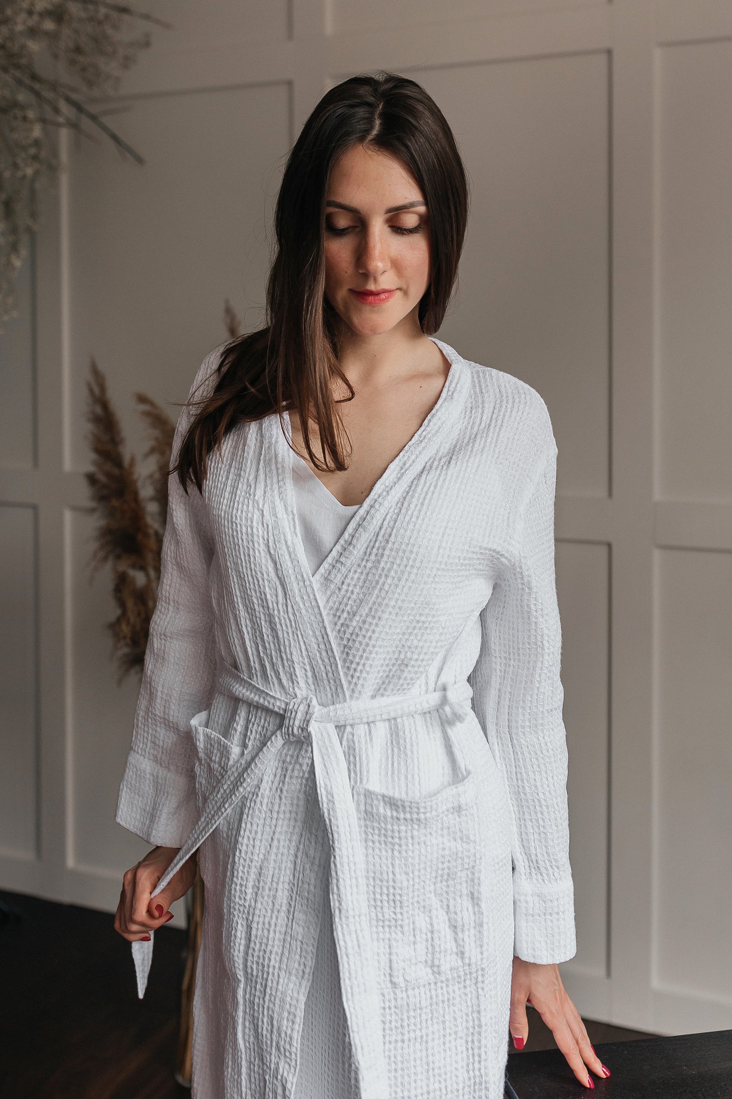 Linen Waffle Bath Robe White