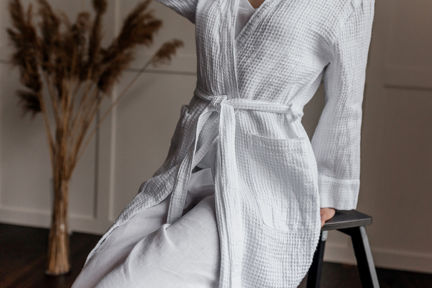 Linen Waffle Bath Robe White