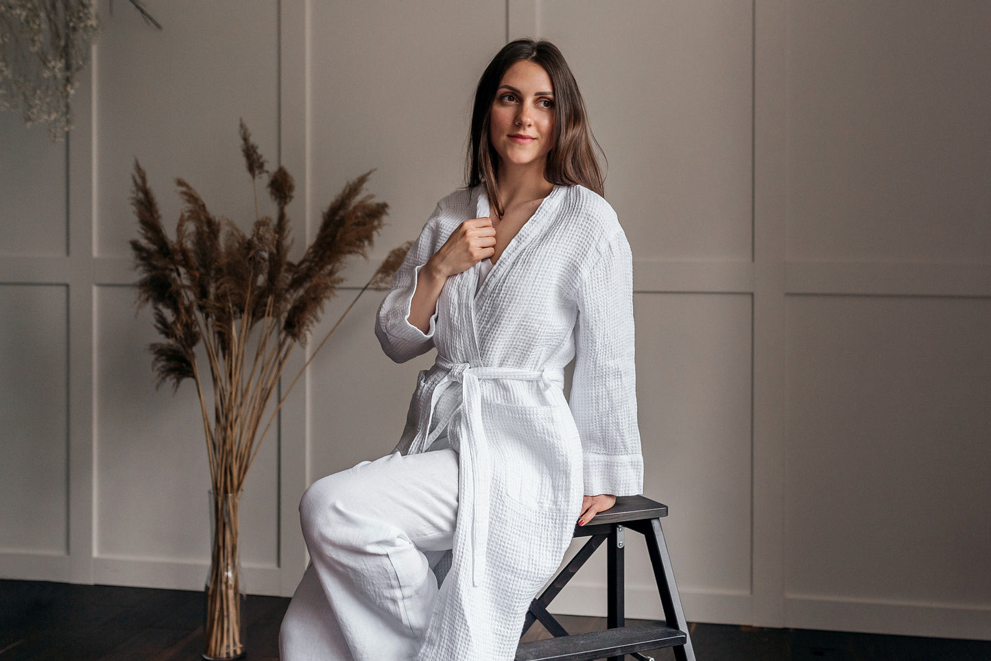 Linen Waffle Bath Robe White