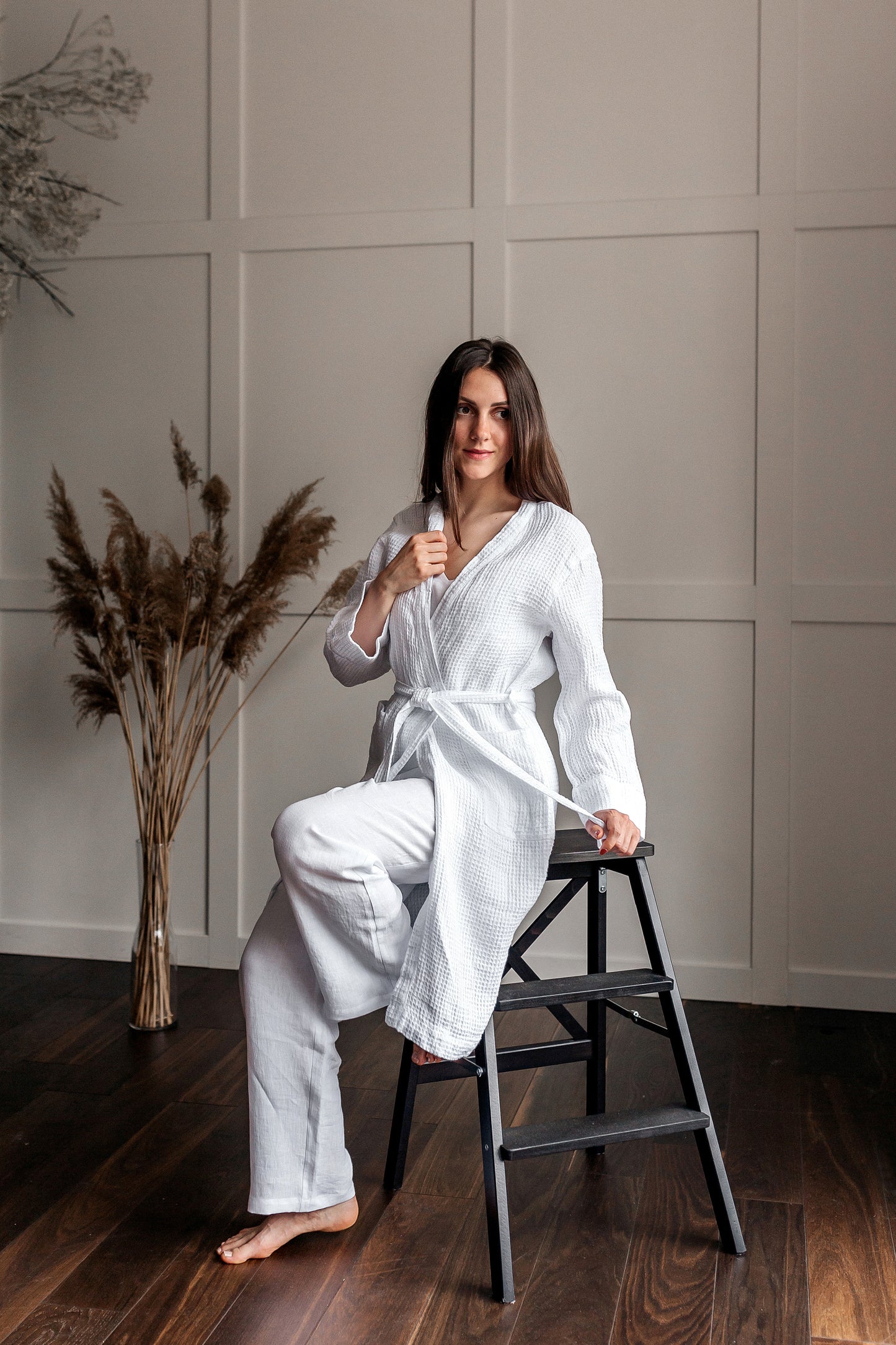 Linen Waffle Bath Robe White