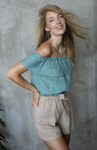 Cremona Sea Blue Ruffled Linen Top