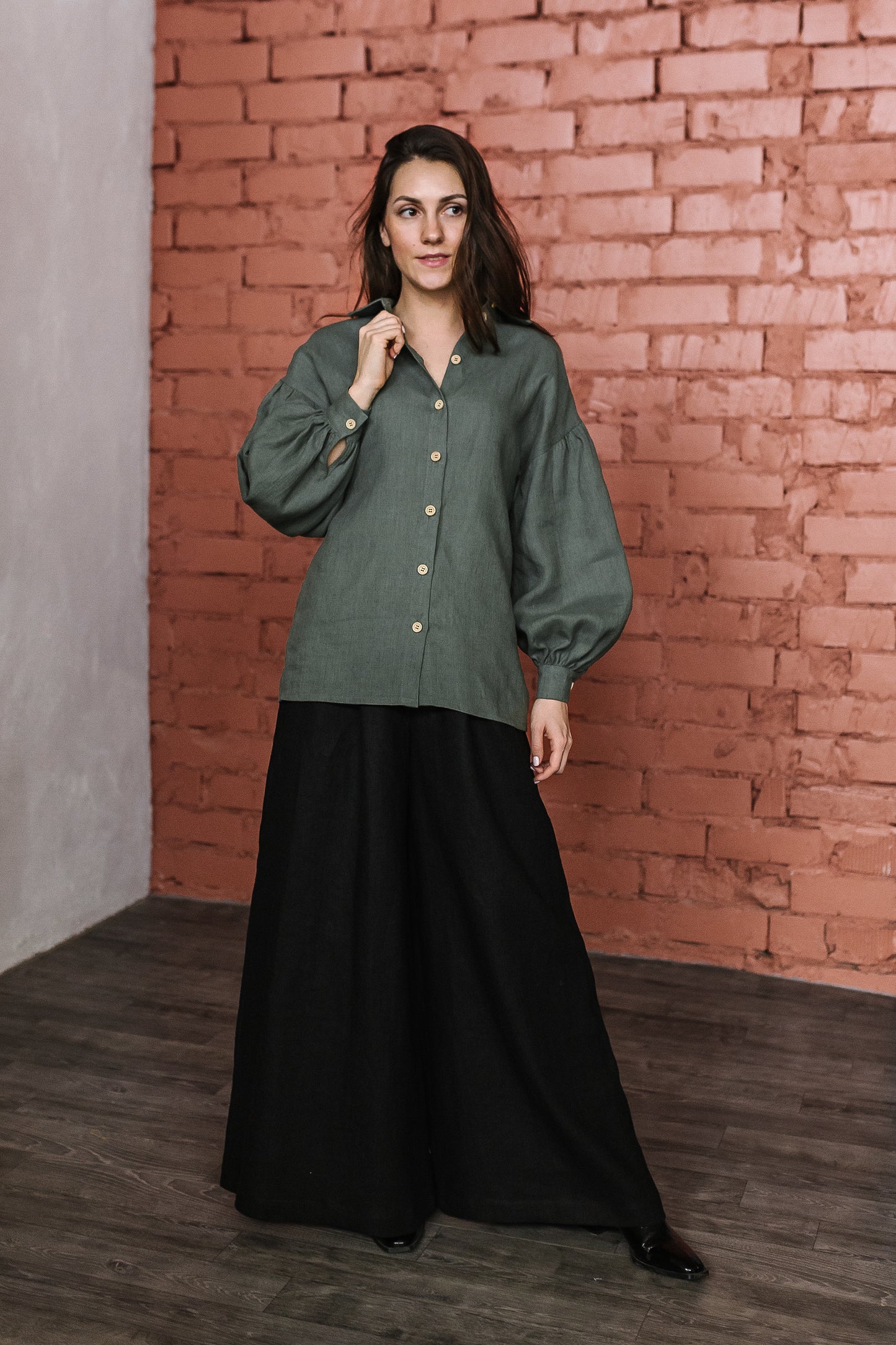 Lily Linen Puff Sleeve Blouse - Olive Green