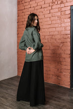 Load image into Gallery viewer, Bordeaux Olive Green Linen Puff-Sleeve Blouse

