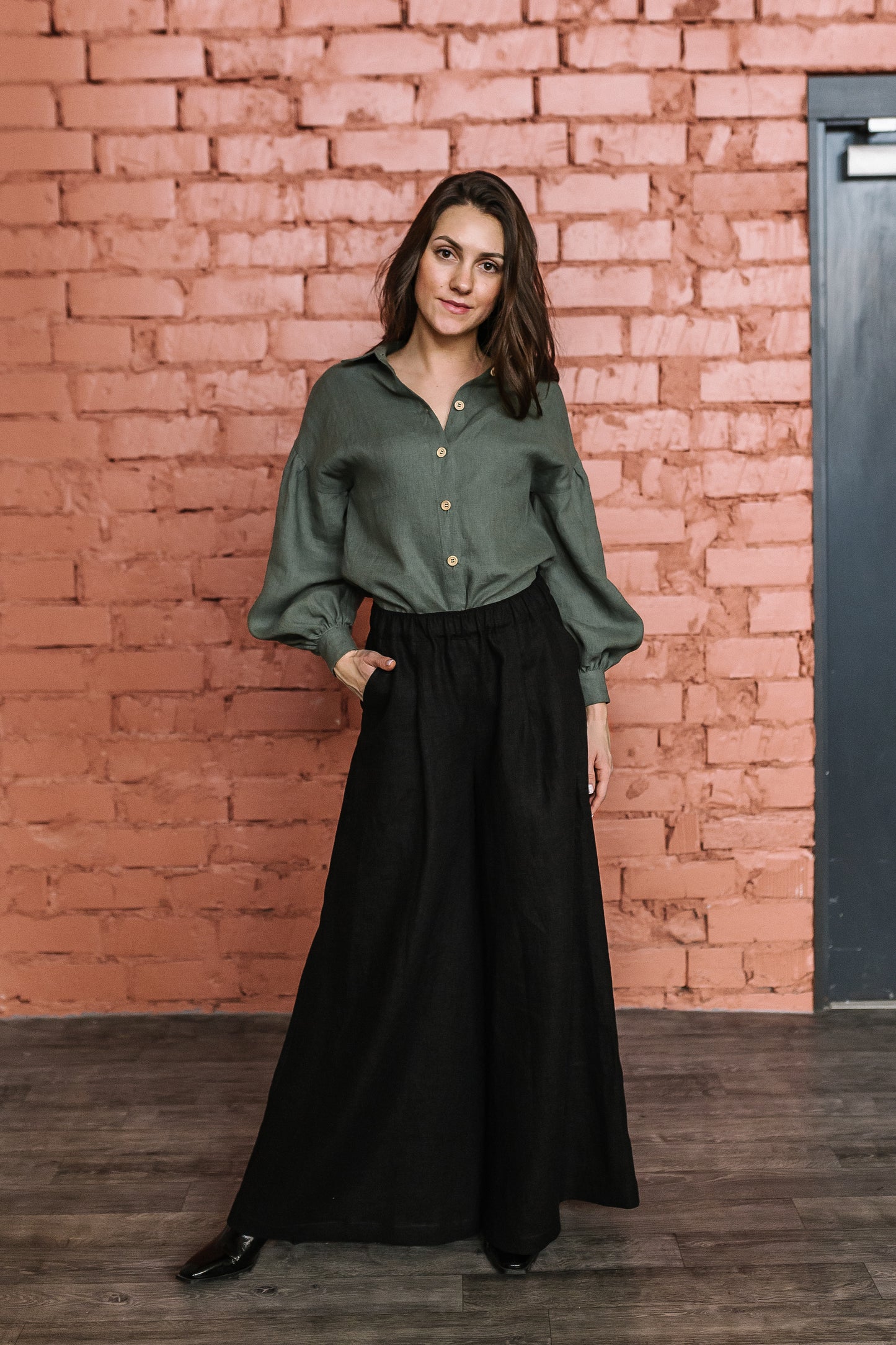 Lily Linen Puff Sleeve Blouse - Olive Green