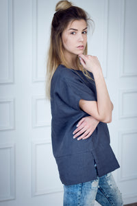 Casablanca Charcoal Linen Top With Side Slits