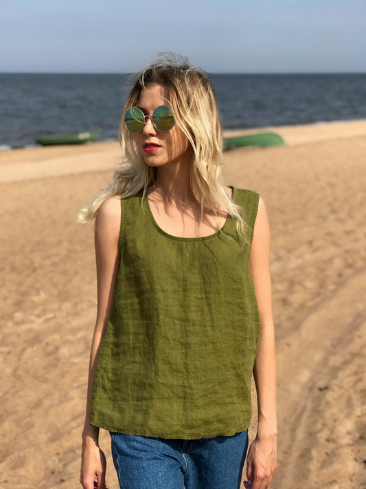 Prague Linen Tank - Moss Green